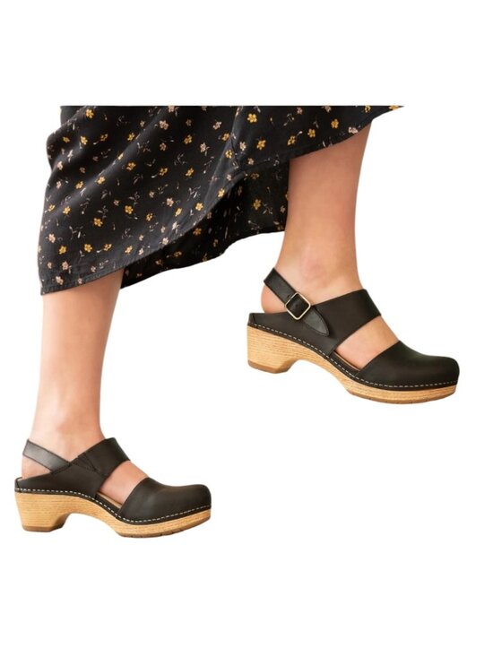 Dansko Shoes - Dansko Lucia Leather Clogs Black Oiled Strappy Wooden Platform Women's Size 40